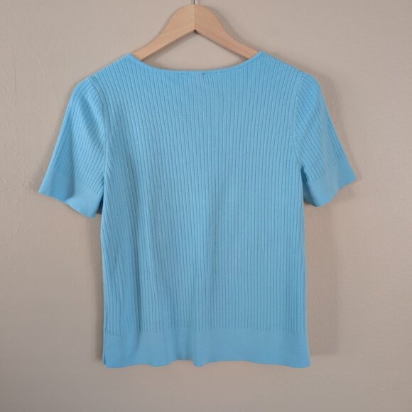 Talbots Blue Ribbed V-Neck Sweater Short Sleeve Layer‎ Classic Transitional MP - Picture 8 of 8